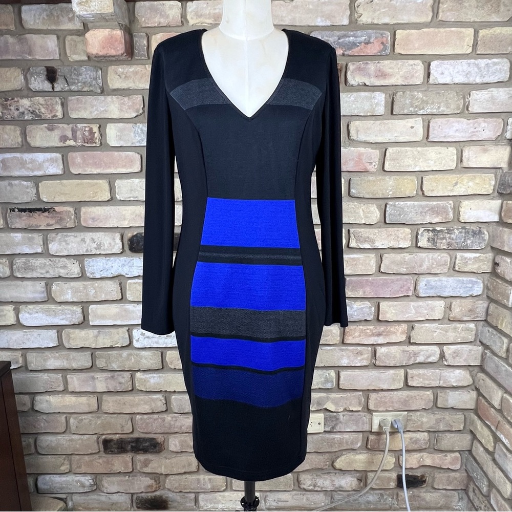 JOSEPH RIBKOFF blue black grey knit long sleeve sheath dress